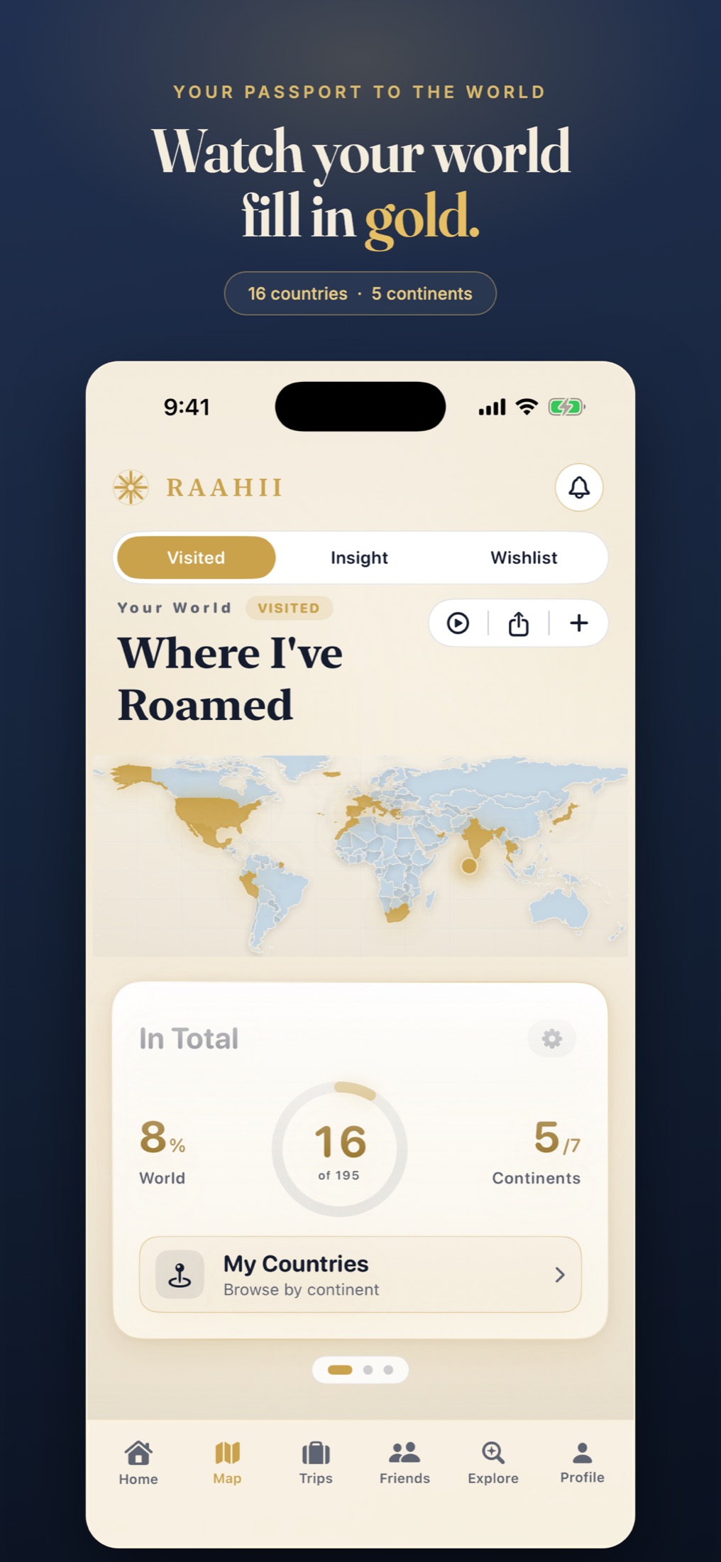 RAAHII map screen: a world map with visited countries in gold and a total of 16 countries.